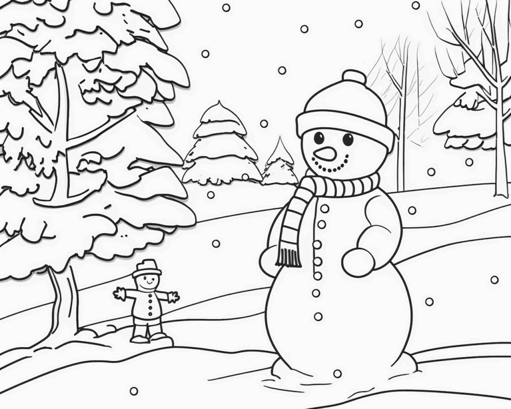 Розмальовка сніговика в шапці та смугастому шарфі серед засніжених дерев